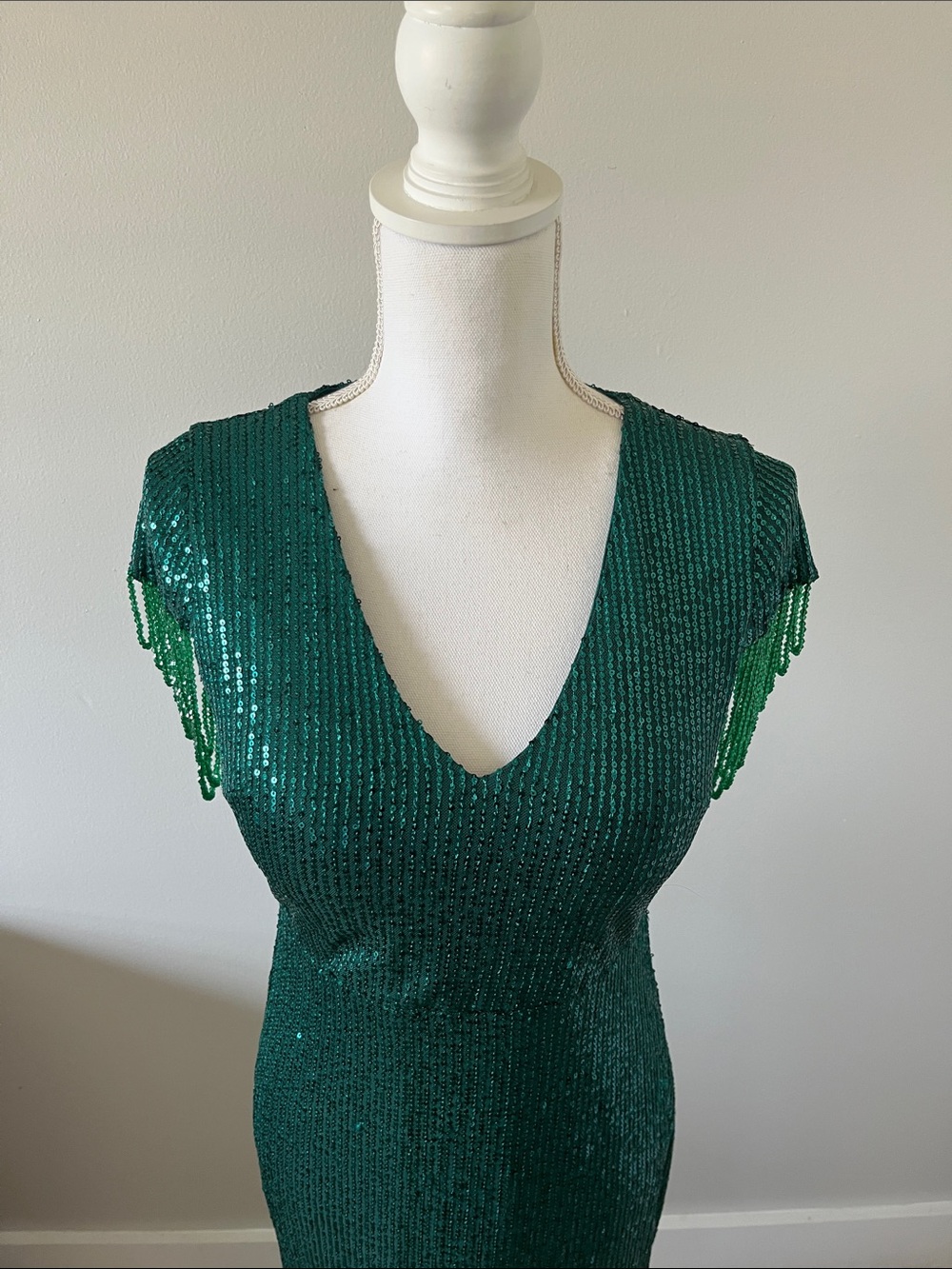 Emerald Green Sequin Fringe Maxi Dress - Picture 2 of 12